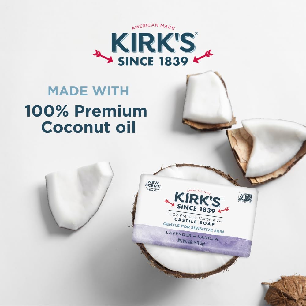 Kirk's Castile Bar Soap, Lavender & Vanilla - Clinically Tested, Safe for Sensitive Skin with Coconut Oil, Vegan and Non-GMO - 4 oz Bars, 6 Pack