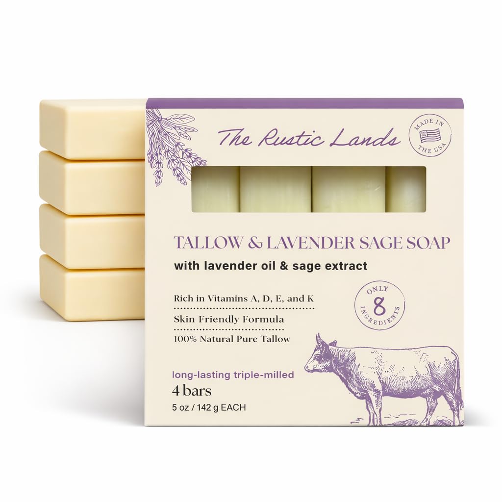 THE RUSTIC LANDS Natural Beef Tallow Soap Bars with Raw Honey & Olive Oil - Scented with Eucalyptus Essential Oil, 4 Pack (5 oz Each), Made in USA Soap for Sensitive Skin, Moisturizing Bath & Body