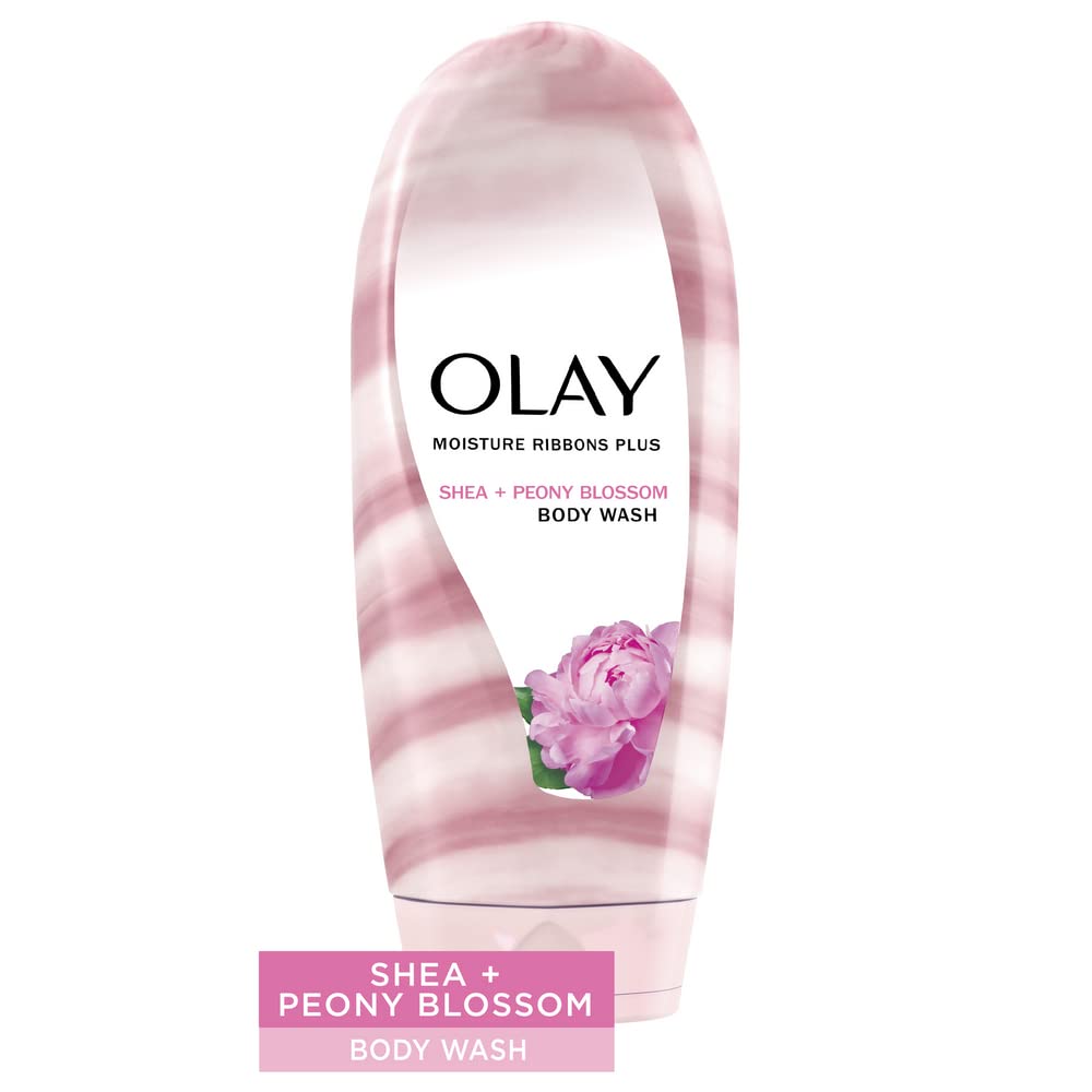 Olay Body Wash for Women, Moisture Ribbons Plus, Deep Conditioning & Moisturizing Formula, Long Lasting Smooth Soft Skin, For All Skin Types, Shea Butter & Peony Blossom Scent, 18 fl oz (Pack of 4)