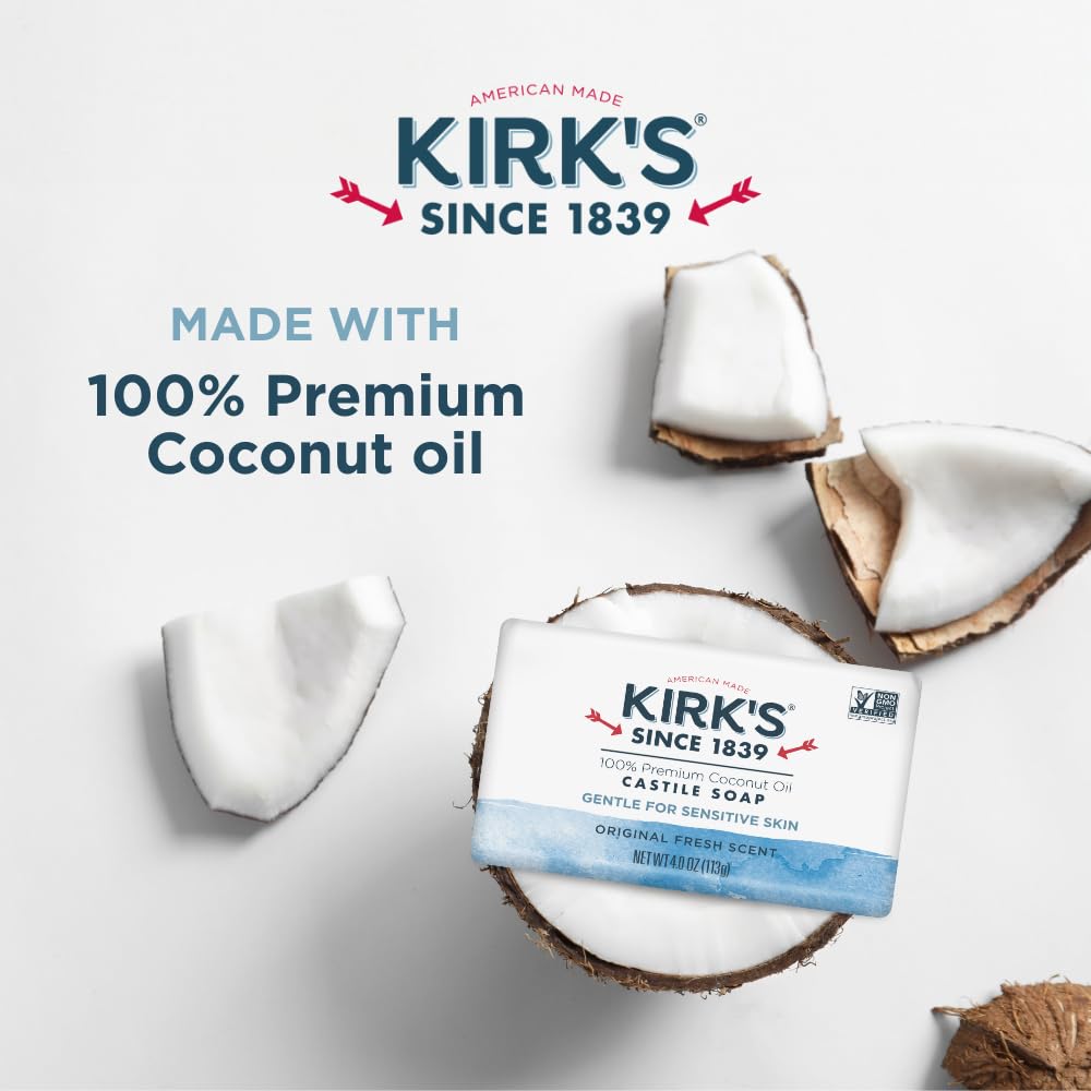 Kirk's Castile Bar Soap for Men, Women, & Children - Made with Premium Coconut Oil, Sensitive Skin Formula, Vegan, Non GMO, Original Fresh Scent, 4 oz. Bars, 24 Pack