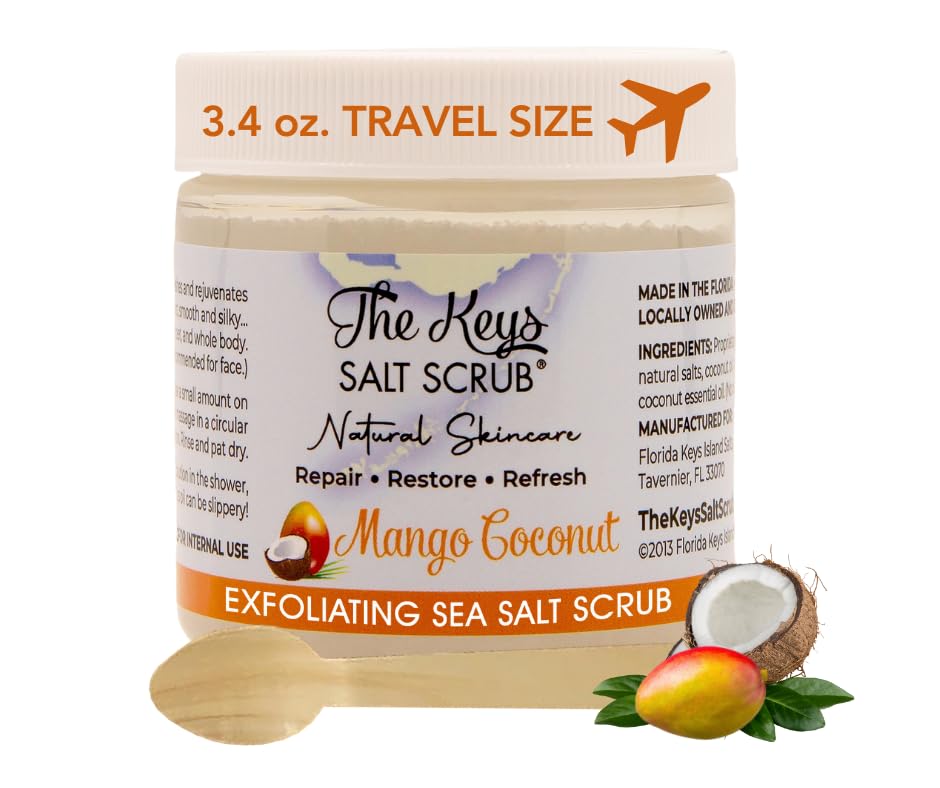 The Keys Salt Scrub -Sea Salt Scrub - Exfoliating Body Scrub with Wooden Spoon - Moisturizing Exfoliator for Hands, Foot, Bath, (12 Ounce (Pack of 1), Mango Coconut)