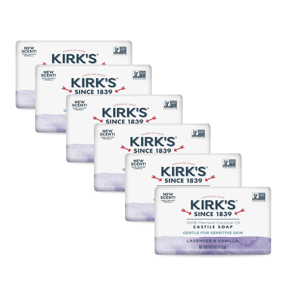 Kirk's Castile Bar Soap, Lavender & Vanilla - Clinically Tested, Safe for Sensitive Skin with Coconut Oil, Vegan and Non-GMO - 4 oz Bars, 6 Pack