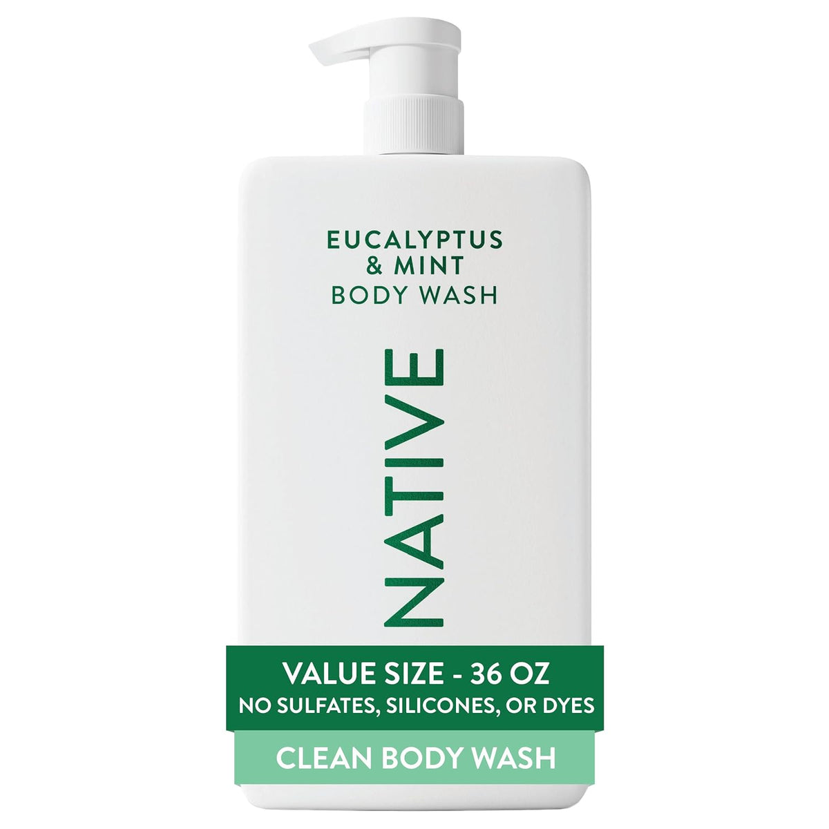 Native Clean Body Wash, Gentle & pH-balanced for Sensitive Skin, 24-Hr Freshness for Women & Men, Vegan & Cruelty-Free, Free of Sulfates, Parabens & Phthalates, Eucalyptus & Mint, 36 oz