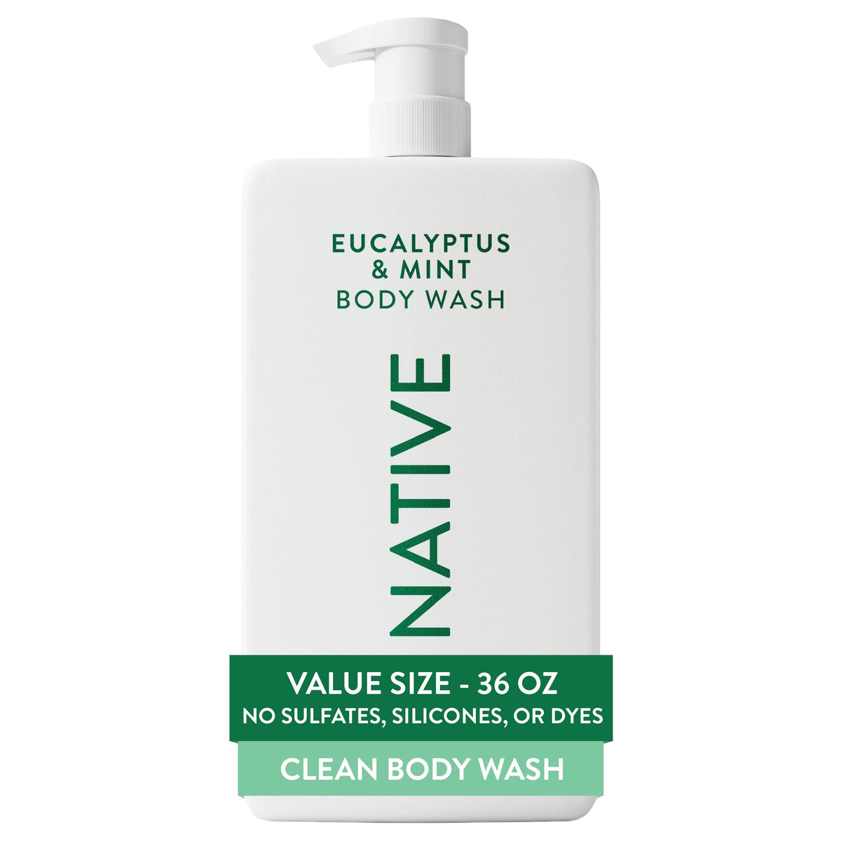 Native Clean Body Wash, Gentle & pH-balanced for Sensitive Skin, 24-Hr Freshness for Women & Men, Vegan & Cruelty-Free, Free of Sulfates, Parabens & Phthalates, Eucalyptus & Mint, 36 oz