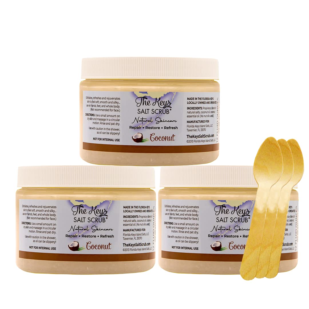 The Keys Salt Scrub -Sea Salt Scrub - Exfoliating Body Scrub with Wooden Spoon - Moisturizing Exfoliator for Hands, Foot, Bath, (12 Ounce (Pack of 1), Mango Coconut)