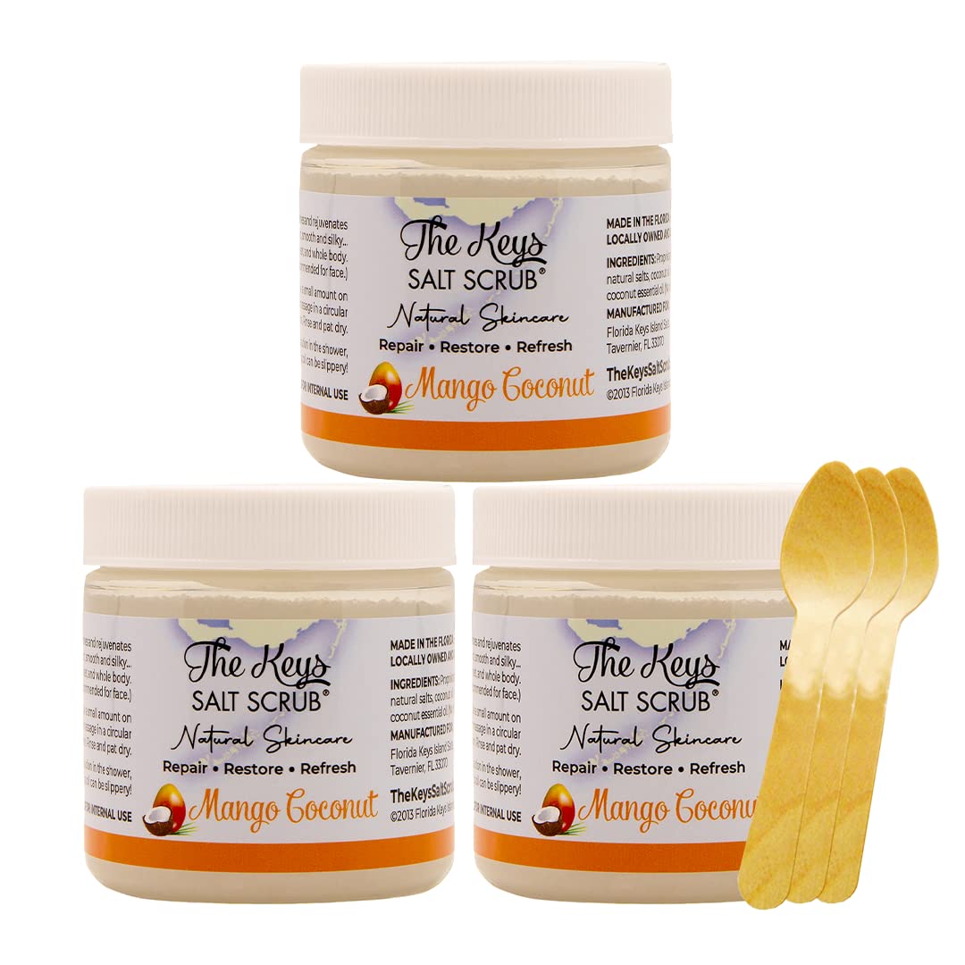The Keys Salt Scrub -Sea Salt Scrub - Exfoliating Body Scrub with Wooden Spoon - Moisturizing Exfoliator for Hands, Foot, Bath, (12 Ounce (Pack of 1), Mango Coconut)