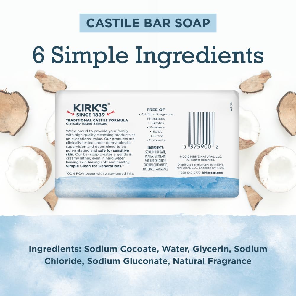 Kirk's Castile Bar Soap for Men, Women, & Children - Made with Premium Coconut Oil, Sensitive Skin Formula, Vegan, Non GMO, Original Fresh Scent, 4 oz. Bars, 24 Pack