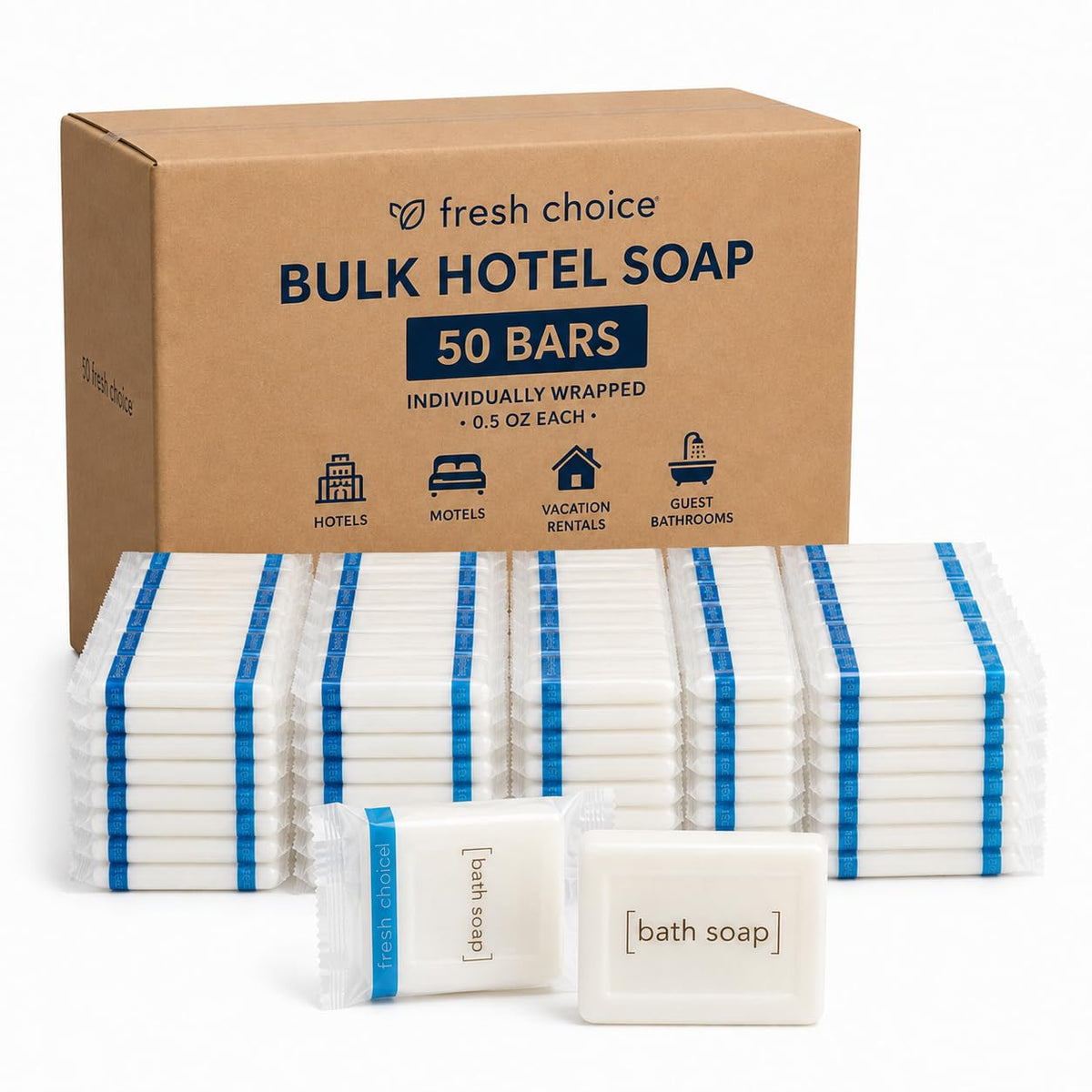 Bulk Hotel Soap, 50 Individually Wrapped Bar Soaps, 0.85 oz Each, Travel Size Guest Toiletries for Hotels, Motels and Vacation Rentals