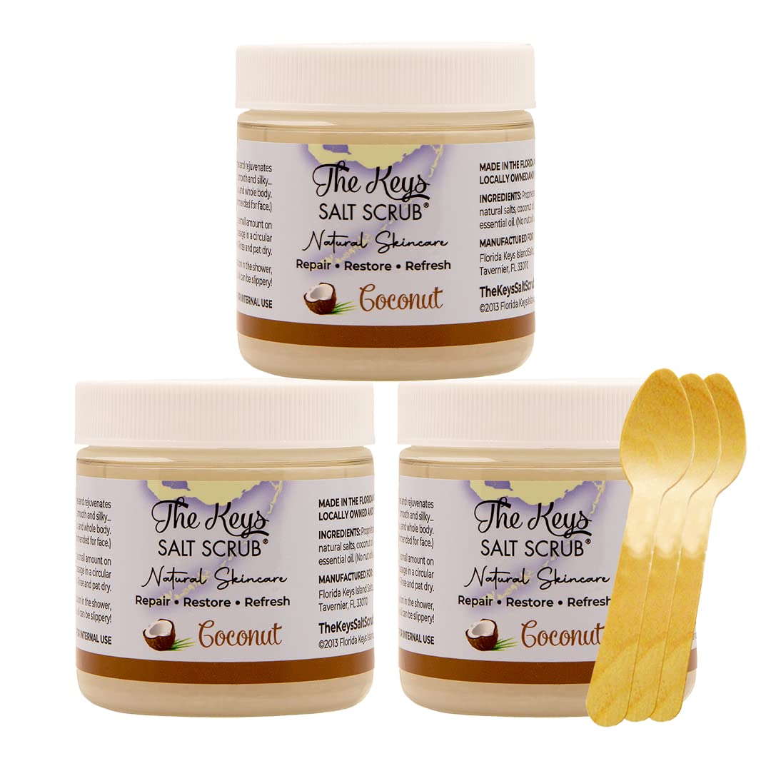 The Keys Salt Scrub -Sea Salt Scrub - Exfoliating Body Scrub with Wooden Spoon - Moisturizing Exfoliator for Hands, Foot, Bath, (12 Ounce (Pack of 1), Mango Coconut)