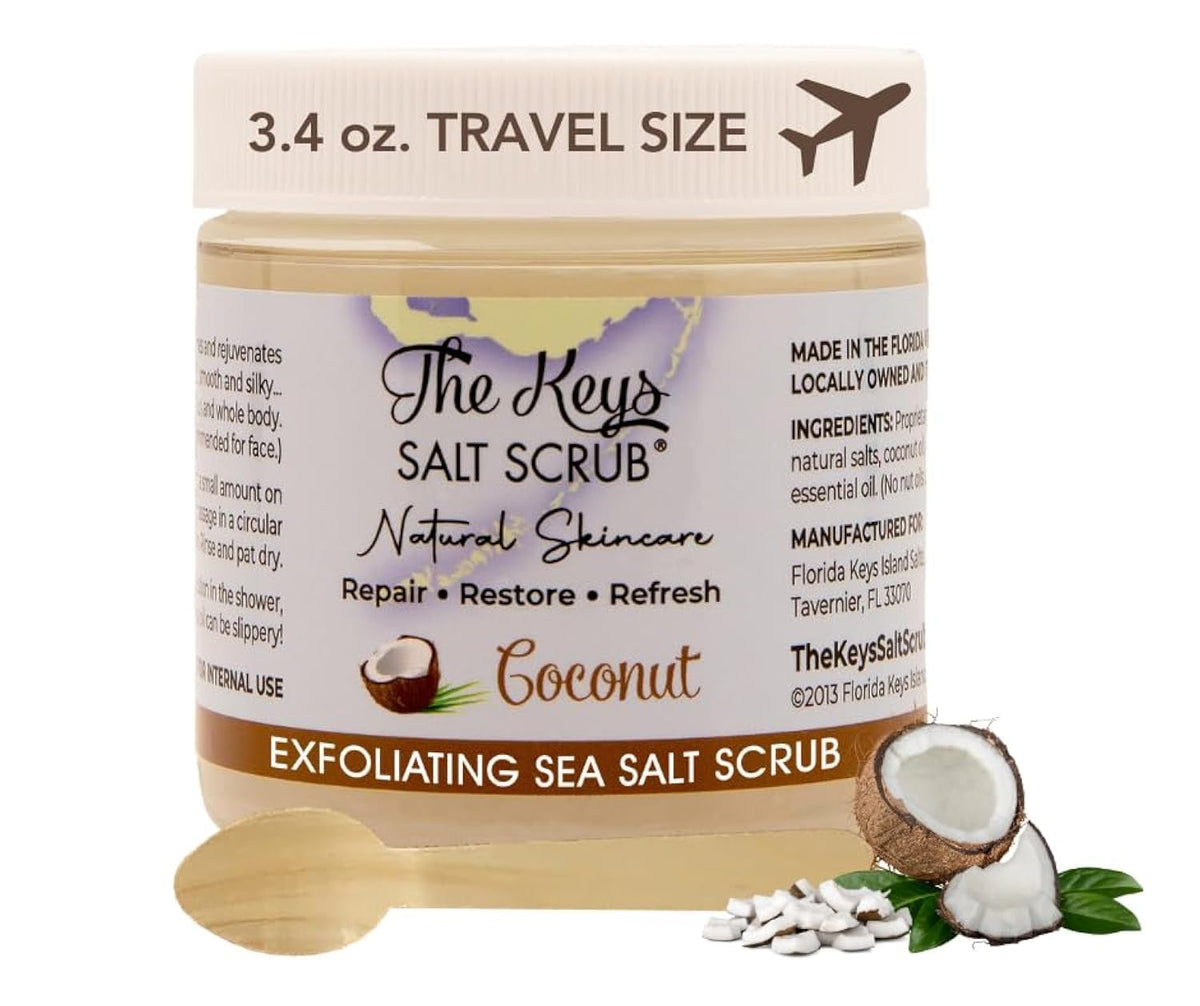 The Keys Salt Scrub -Sea Salt Scrub - Exfoliating Body Scrub with Wooden Spoon - Moisturizing Exfoliator for Hands, Foot, Bath, (12 Ounce (Pack of 1), Mango Coconut)