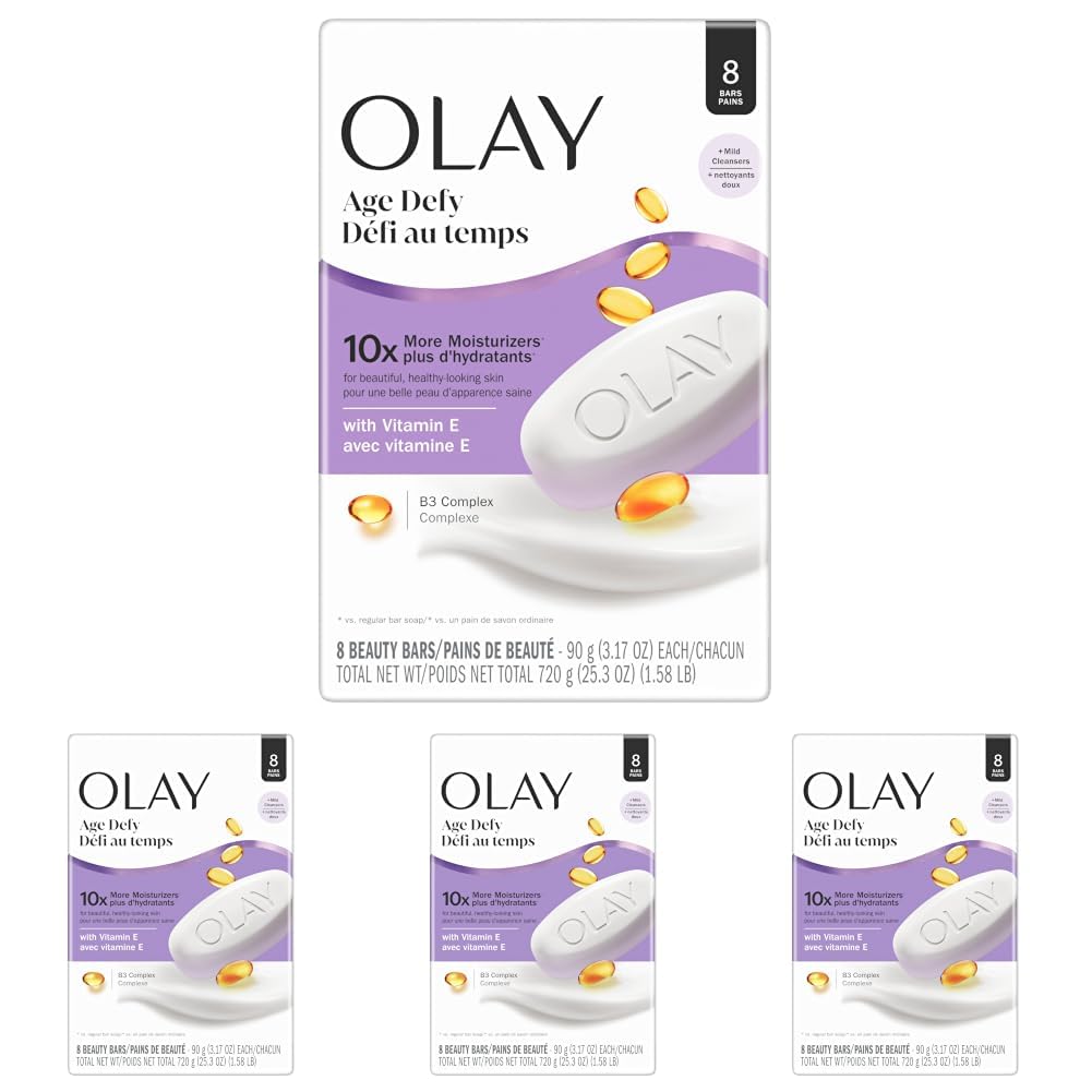Olay Beauty Bar, Age Defying, 10x More Moisturizers, Smooth & Gentle on Skin, Vitamin E & Vitamin B3 Complex, For All Skin Types, Shea Butter Scent, 3.17 oz, (Pack of 8)