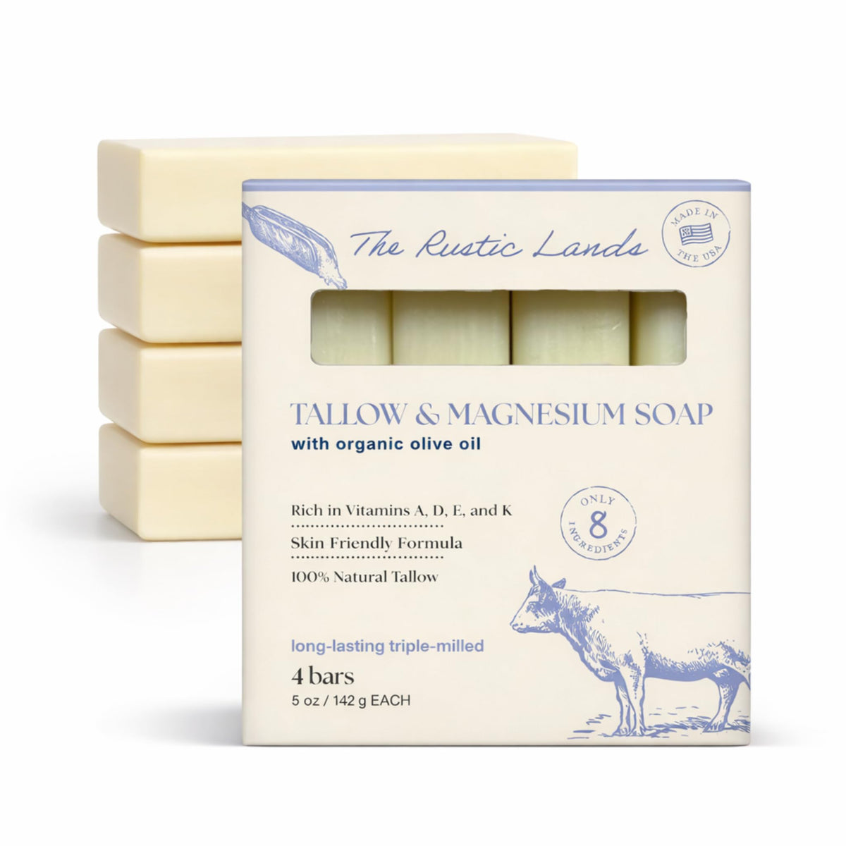 THE RUSTIC LANDS Natural Beef Tallow Soap Bars with Raw Honey & Olive Oil - Scented with Eucalyptus Essential Oil, 4 Pack (5 oz Each), Made in USA Soap for Sensitive Skin, Moisturizing Bath & Body