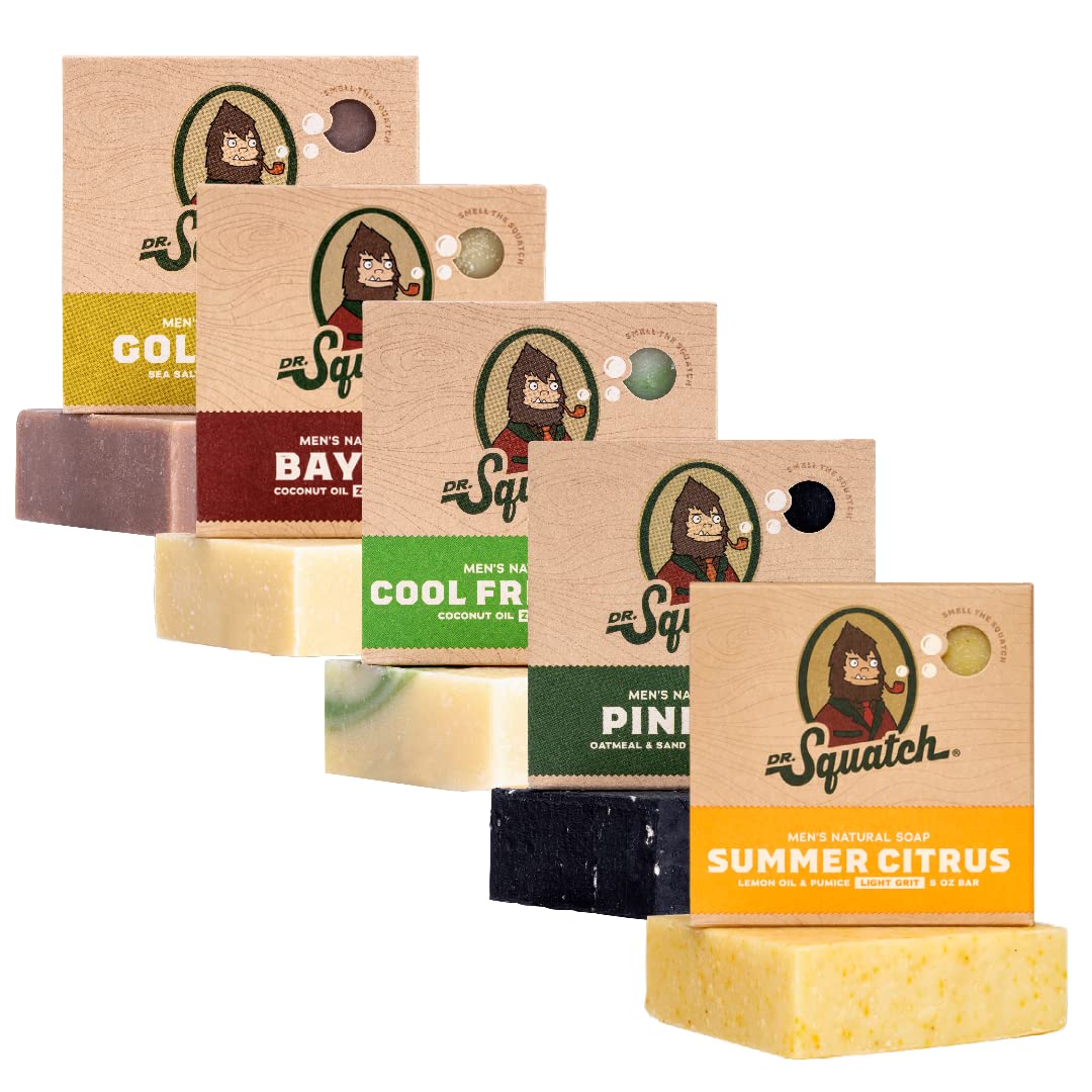 Dr. Squatch Natural Men’s Bar Soap - Cold Process Body Soap Bar with Natural Oils - Gifts for Men - Summer Citrus, Coconut Castaway, Fresh Falls, Coastal Mist & More (5 oz, 5-Pack, Scents May Vary)