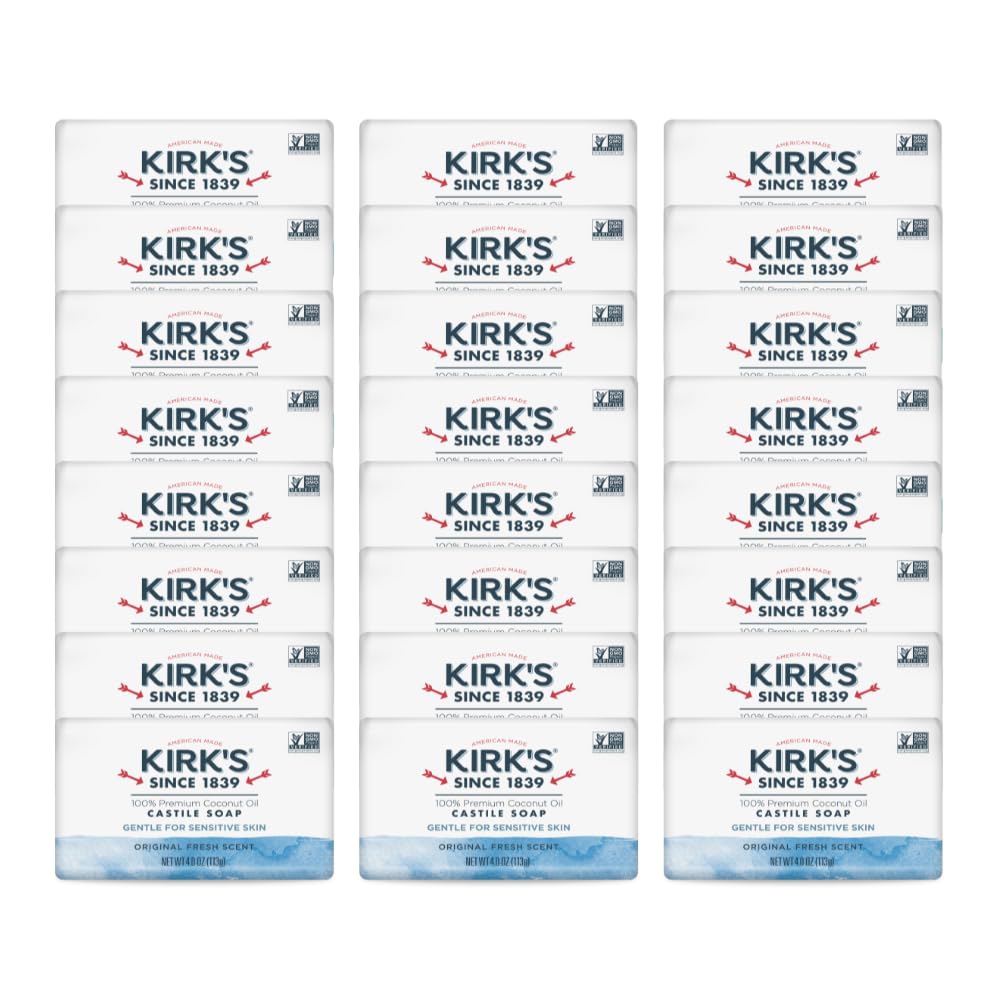 Kirk's Castile Bar Soap for Men, Women, & Children - Made with Premium Coconut Oil, Sensitive Skin Formula, Vegan, Non GMO, Original Fresh Scent, 4 oz. Bars, 24 Pack