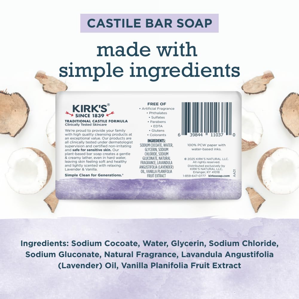 Kirk's Castile Bar Soap, Lavender & Vanilla - Clinically Tested, Safe for Sensitive Skin with Coconut Oil, Vegan and Non-GMO - 4 oz Bars, 6 Pack