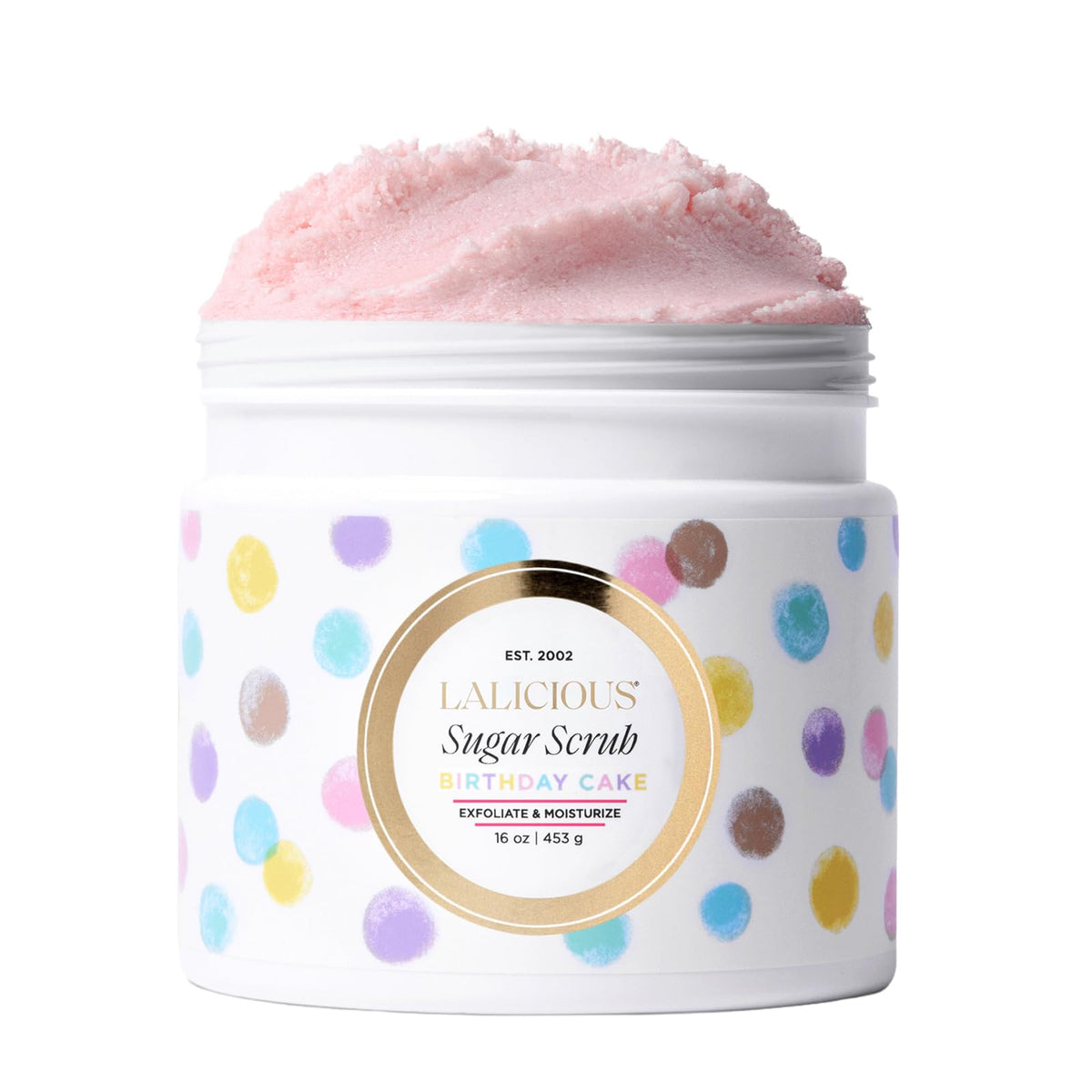 LALICIOUS Sugar Kiss® Exfoliating & Moisturizing Body Scrub | Sugar & Coconut Oil | Pre-Shave Scrub for Ingrown Hairs & Razor Bumps | Gently Buffs & Smooths Sensitive Skin | No Parabens | Large 16oz