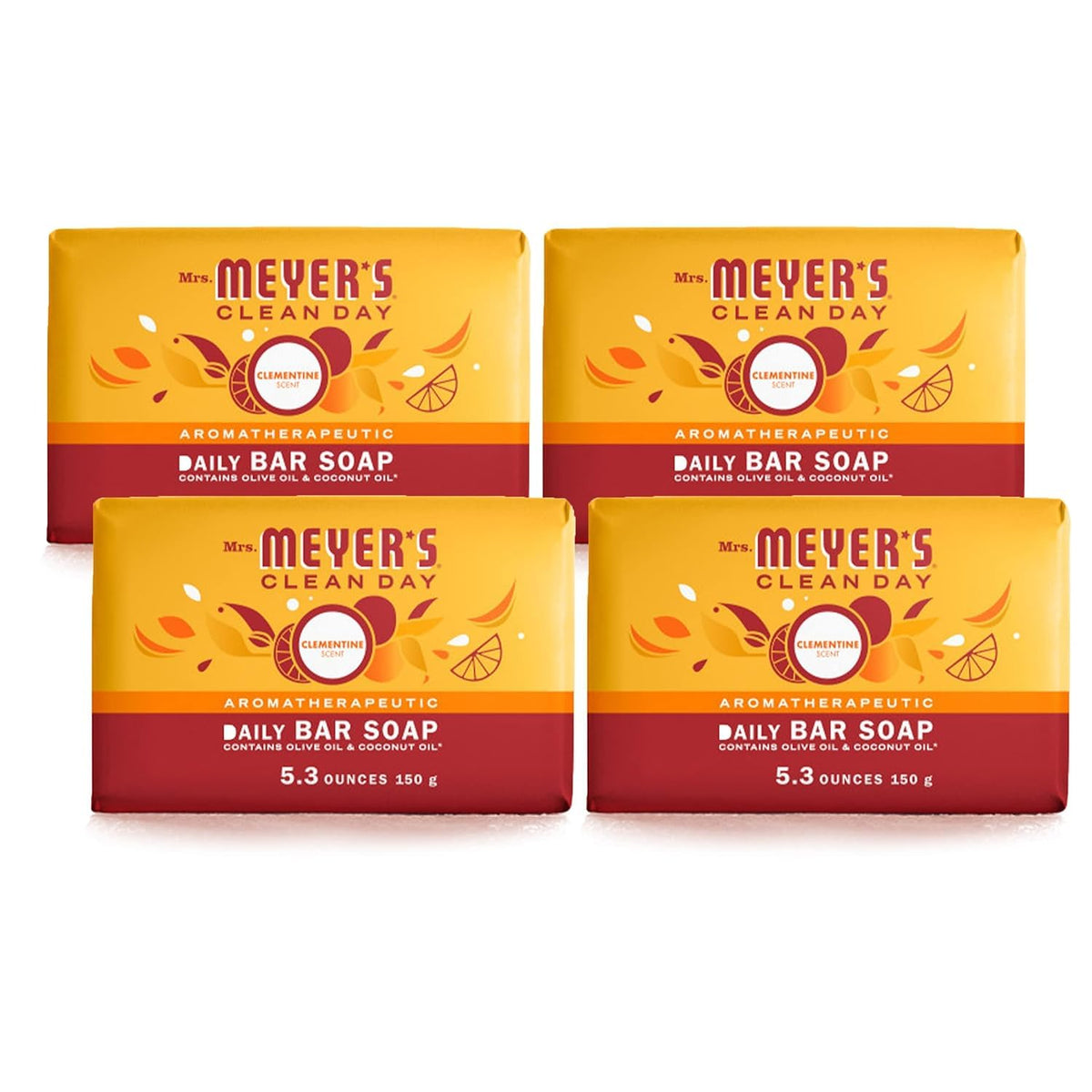 MRS. MEYER'S CLEAN DAY Bar Soap, Use as Body Wash or Hand Soap, Made with Essential Oils, Clementine_, 5.3 oz, 4 Bars