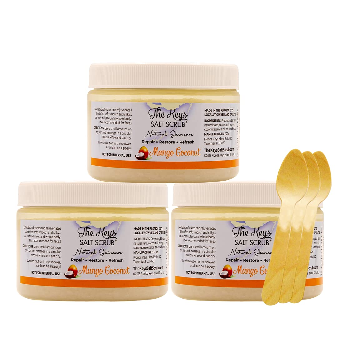 The Keys Salt Scrub -Sea Salt Scrub - Exfoliating Body Scrub with Wooden Spoon - Moisturizing Exfoliator for Hands, Foot, Bath, (12 Ounce (Pack of 1), Mango Coconut)