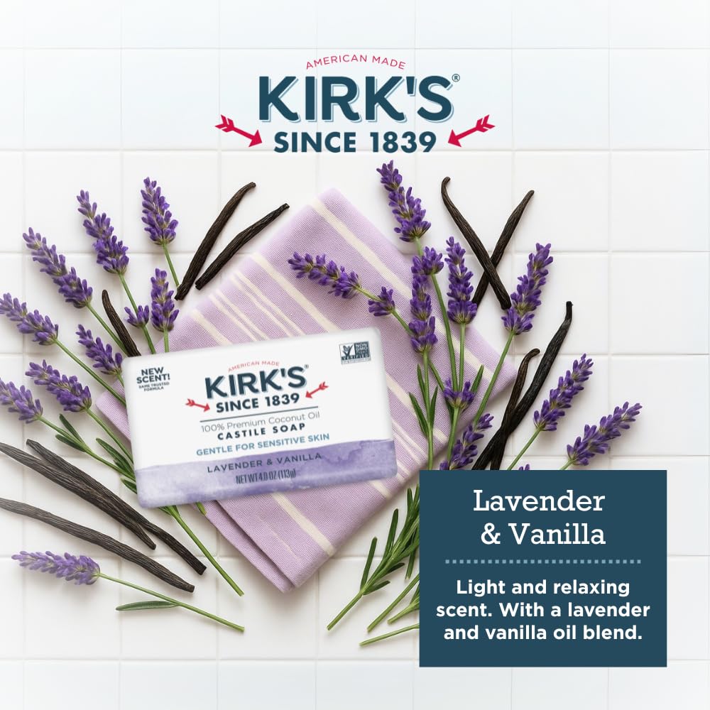 Kirk's Castile Bar Soap, Lavender & Vanilla - Clinically Tested, Safe for Sensitive Skin with Coconut Oil, Vegan and Non-GMO - 4 oz Bars, 6 Pack