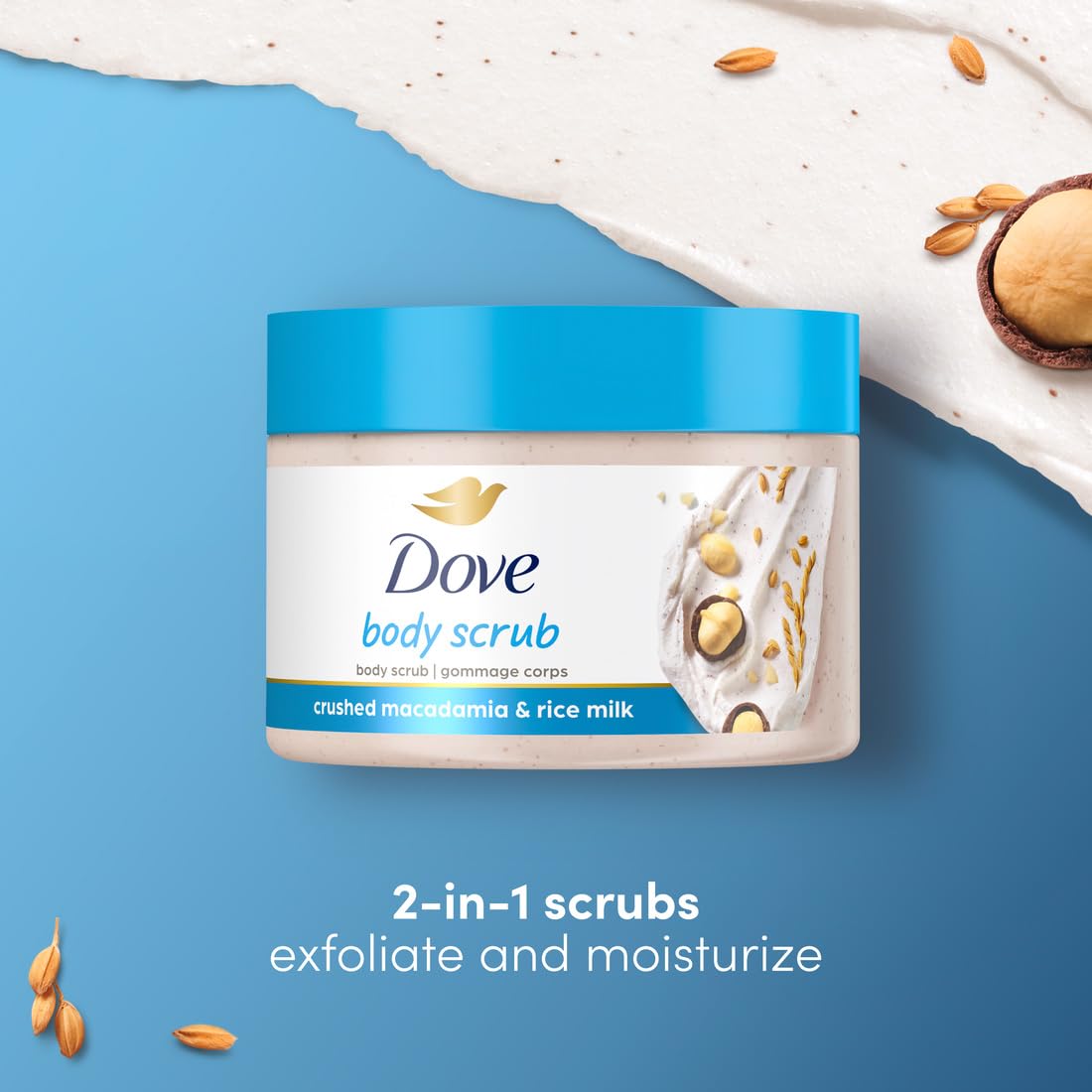 Dove Exfoliating Body Polish Scrub Reveals Visibly Smoother Skin Macadamia & Rice Milk Body Scrub That Nourishes Skin, 10.5 oz, 4 Count