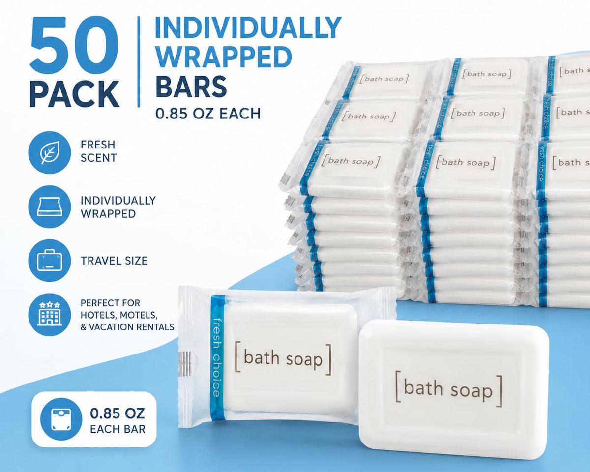 Bulk Hotel Soap, 50 Individually Wrapped Bar Soaps, 0.85 oz Each, Travel Size Guest Toiletries for Hotels, Motels and Vacation Rentals