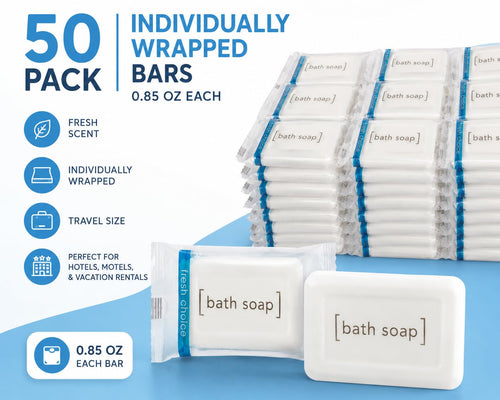 Bulk Hotel Soap, 50 Individually Wrapped Bar Soaps, 0.85 oz Each, Travel Size Guest Toiletries for Hotels, Motels and Vacation Rentals