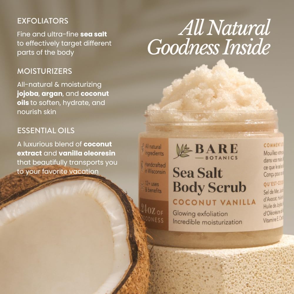 Bare Botanics 24oz Coconut Vanilla Sea Salt Body Scrub Natural Exfoliator