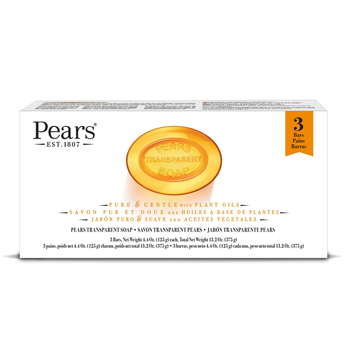 Pears Soap, Pure & Gentle with Natural Oils, 12-Pack – Transparent Amber Glycerin Soap for Pampered, Glowing Skin, 4.4 Oz Ea