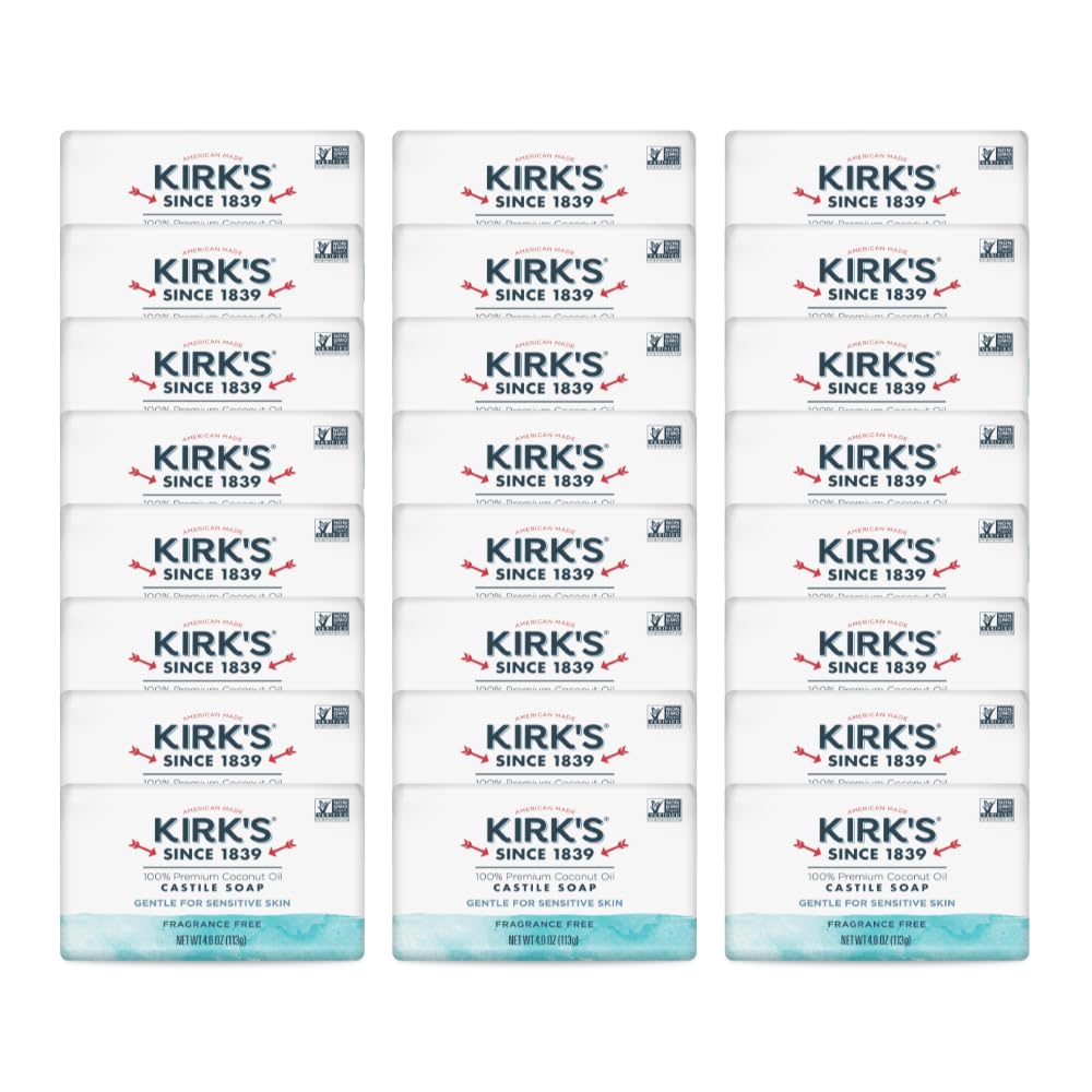 Kirk's Castile Bar Soap for Men, Women, & Children - Made with Premium Coconut Oil, Sensitive Skin Formula, Vegan, Non GMO, Original Fresh Scent, 4 oz. Bars, 24 Pack