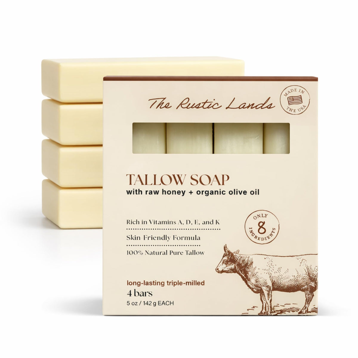THE RUSTIC LANDS Natural Beef Tallow Soap Bars with Raw Honey & Olive Oil - Scented with Eucalyptus Essential Oil, 4 Pack (5 oz Each), Made in USA Soap for Sensitive Skin, Moisturizing Bath & Body
