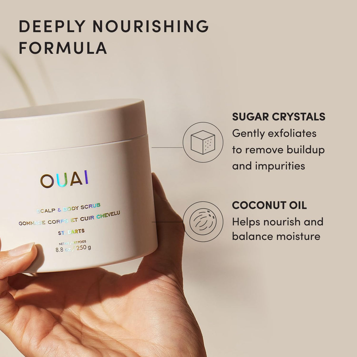 OUAI Scalp & Body Scrub, St. Barts - Exfoliating Body Scrub with Sugar & Coconut Oil Blend for Smooth, Moisturized Skin - Gentle Scalp Exfoliator for Removing Product Build Up (8.8 Oz)