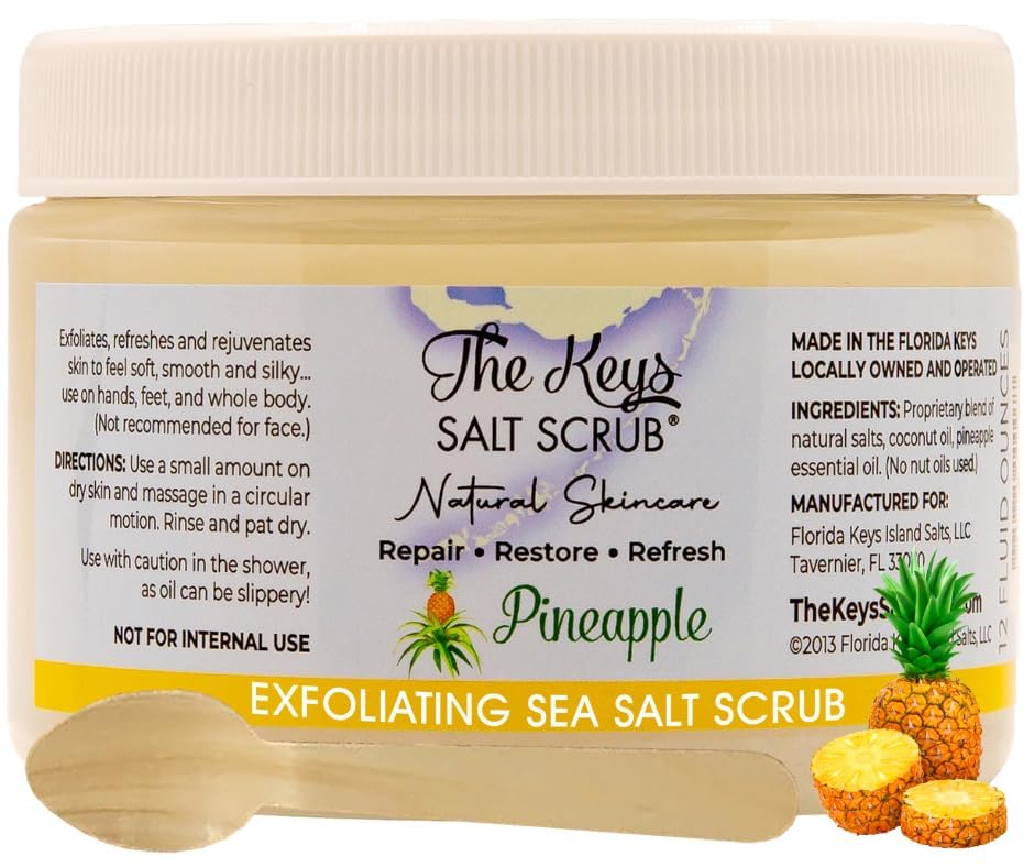 The Keys Salt Scrub -Sea Salt Scrub - Exfoliating Body Scrub with Wooden Spoon - Moisturizing Exfoliator for Hands, Foot, Bath, (12 Ounce (Pack of 1), Mango Coconut)