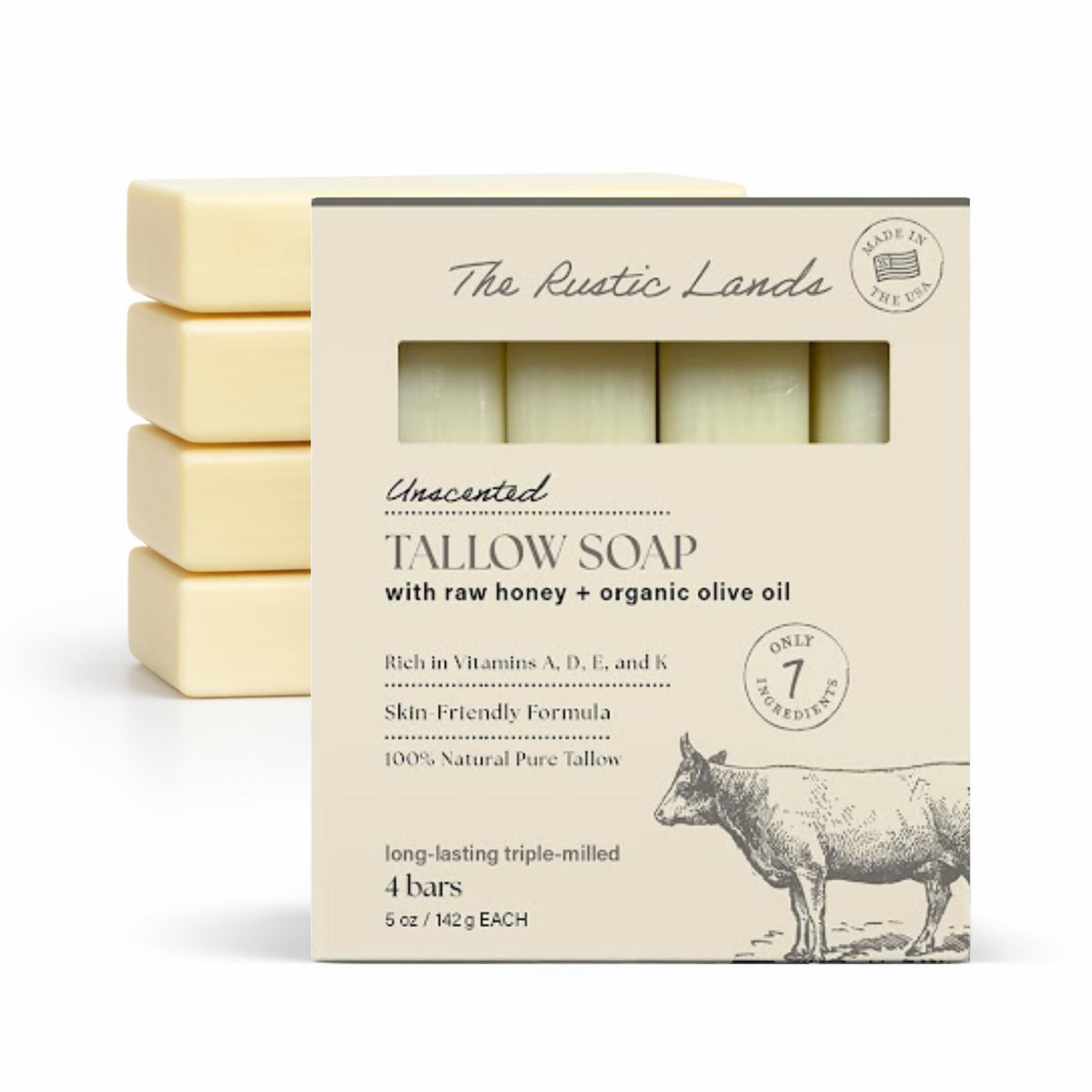 THE RUSTIC LANDS Natural Beef Tallow Soap Bars with Raw Honey & Olive Oil - Scented with Eucalyptus Essential Oil, 4 Pack (5 oz Each), Made in USA Soap for Sensitive Skin, Moisturizing Bath & Body