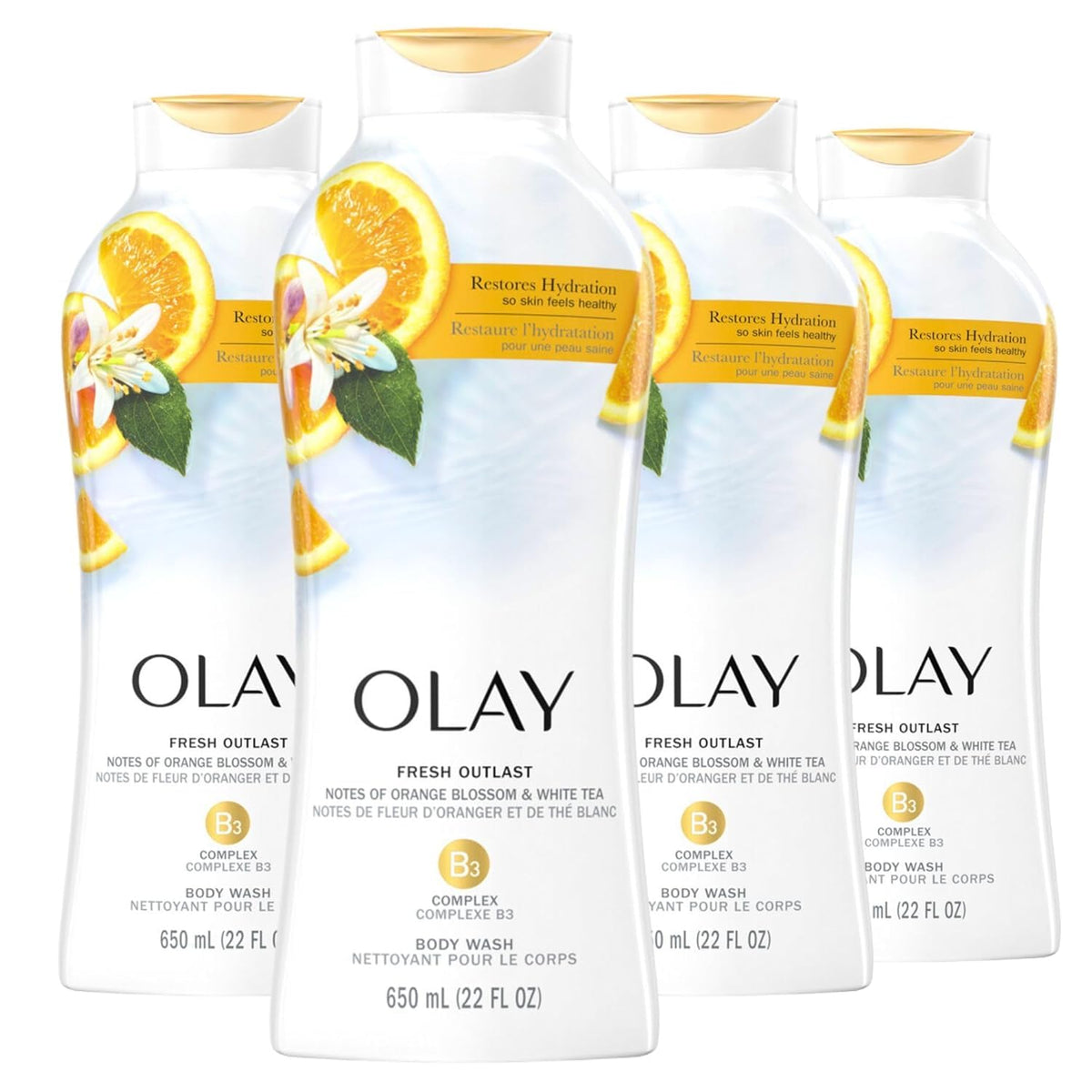 Olay Body Wash for Women, Fresh Radiance, Refreshing & Renewing, Made with Plant Based Cleansers, B3 Botanical Complex, For All Skin Types, Birch Water & Lavender Scent, 33 fl oz (Pack of 4)