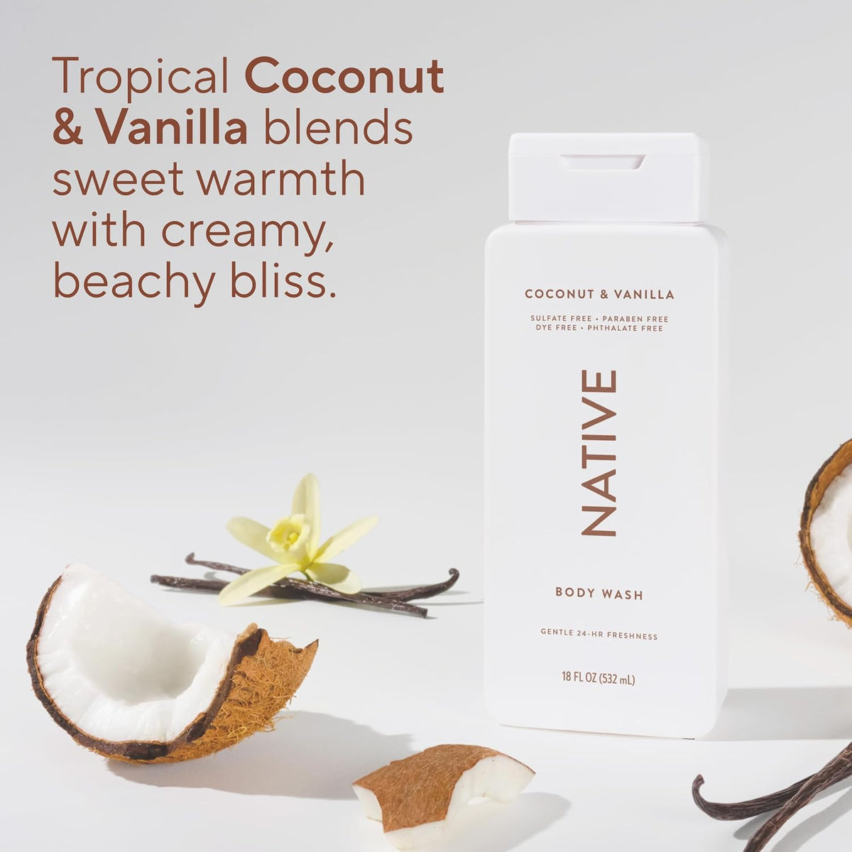 Native Clean Body Wash, Gentle & pH-balanced for Sensitive Skin, 24-Hr Freshness for Women & Men, Vegan & Cruelty-Free, Free of Sulfates, Parabens & Phthalates, Coconut & Vanilla, 18fl oz