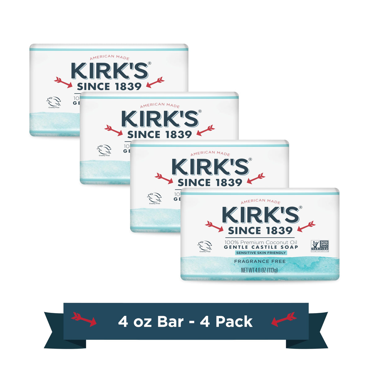 Kirk's Castile Bar Soap for Men, Women, & Children - Made with Premium Coconut Oil, Sensitive Skin Formula, Vegan, Non GMO, Original Fresh Scent, 4 oz. Bars, 24 Pack