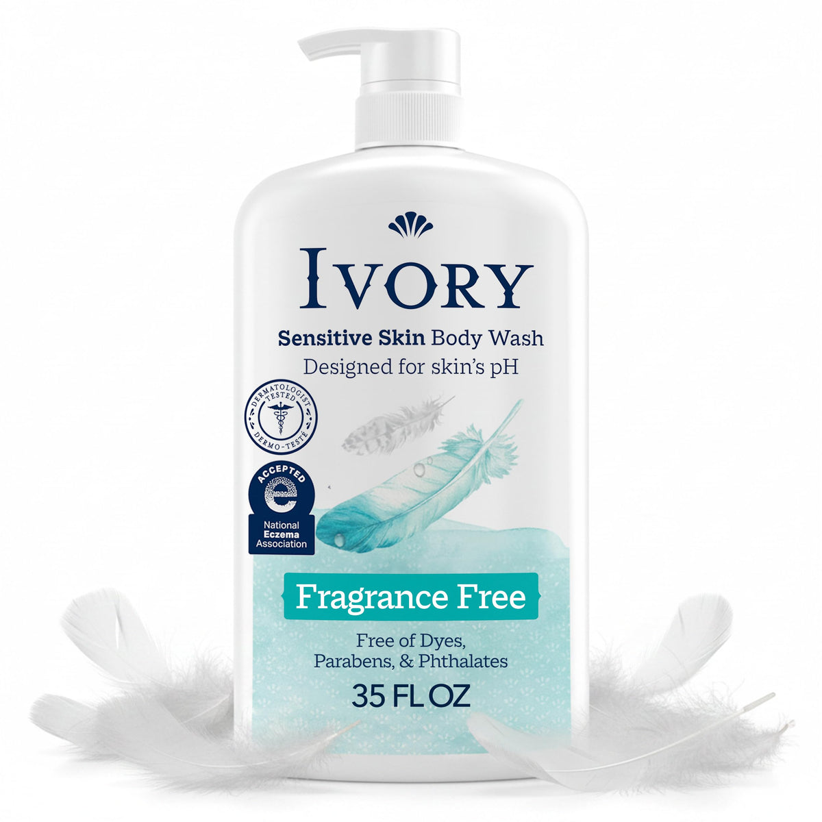 Ivory Body Wash, Designed for the Whole Family, Gentle Formula, Free of Dyes Heavy Perfumes Parabens Phthalates & Silicones, Designed for Skin's pH, Water Lily Scent, 35 oz