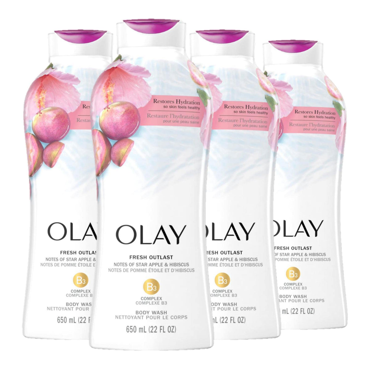 Olay Body Wash for Women, Fresh Radiance, Refreshing & Renewing, Made with Plant Based Cleansers, B3 Botanical Complex, For All Skin Types, Birch Water & Lavender Scent, 33 fl oz (Pack of 4)