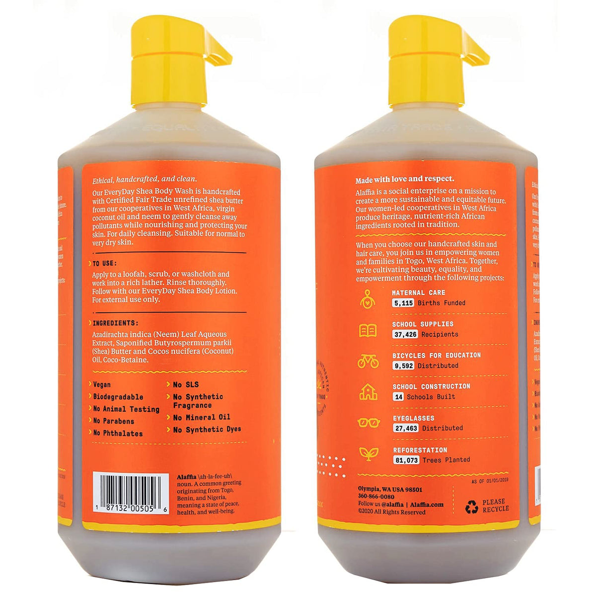 Alaffia EveryDay Shea Body Wash, Unscented 2-Pack, 32 Oz Ea
