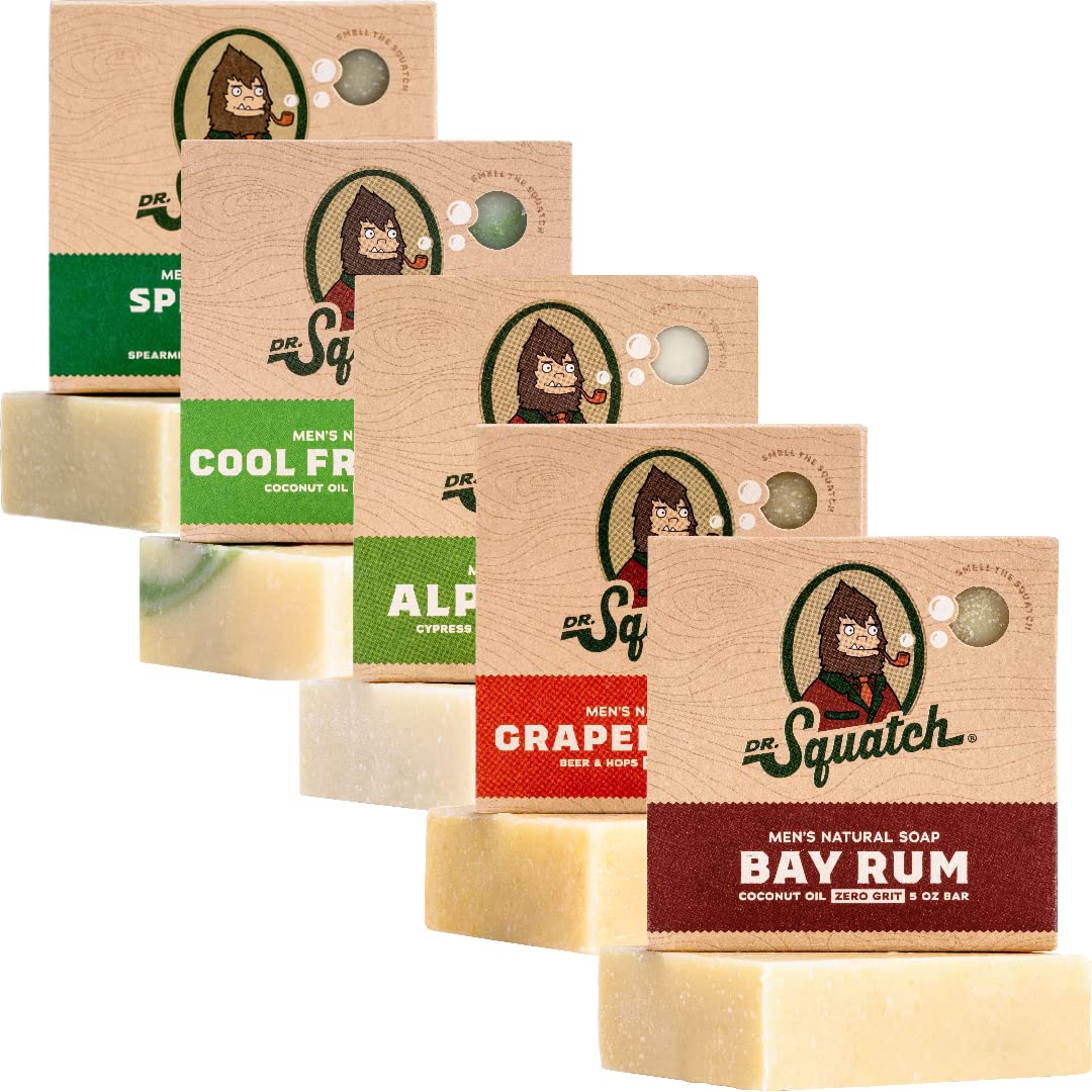 Dr. Squatch Natural Men’s Bar Soap - Cold Process Body Soap Bar with Natural Oils - Gifts for Men - Summer Citrus, Coconut Castaway, Fresh Falls, Coastal Mist & More (5 oz, 5-Pack, Scents May Vary)