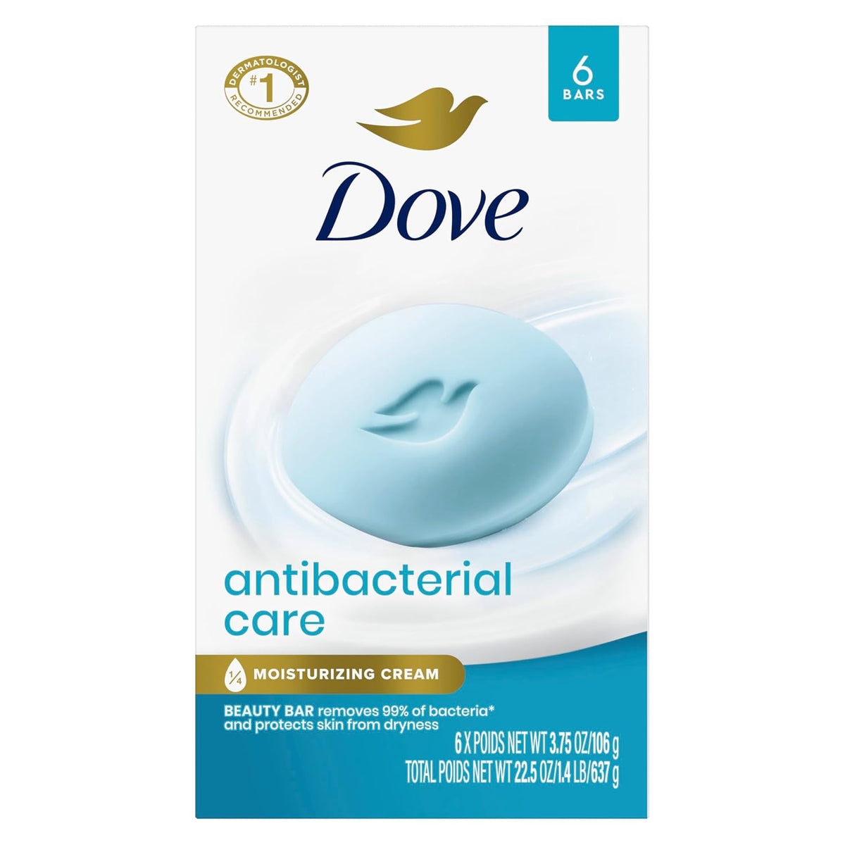 Dove Antibacterial Care Beauty Bar Soap , Cleanser, I 6 Count 3.75 oz