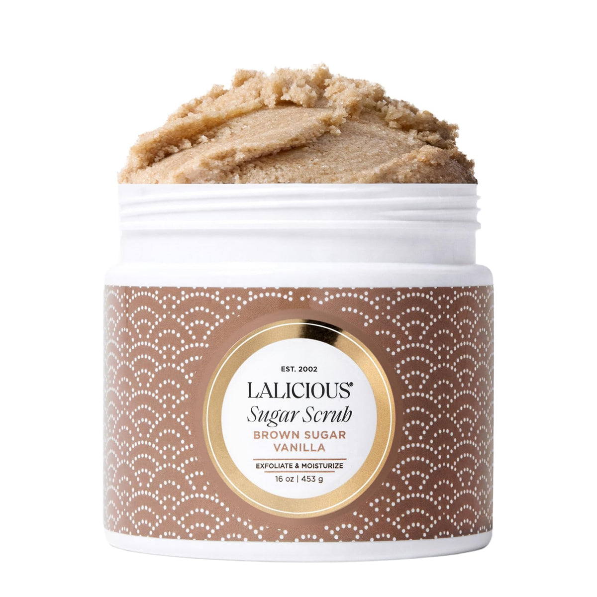 LALICIOUS Sugar Kiss® Exfoliating & Moisturizing Body Scrub | Sugar & Coconut Oil | Pre-Shave Scrub for Ingrown Hairs & Razor Bumps | Gently Buffs & Smooths Sensitive Skin | No Parabens | Large 16oz