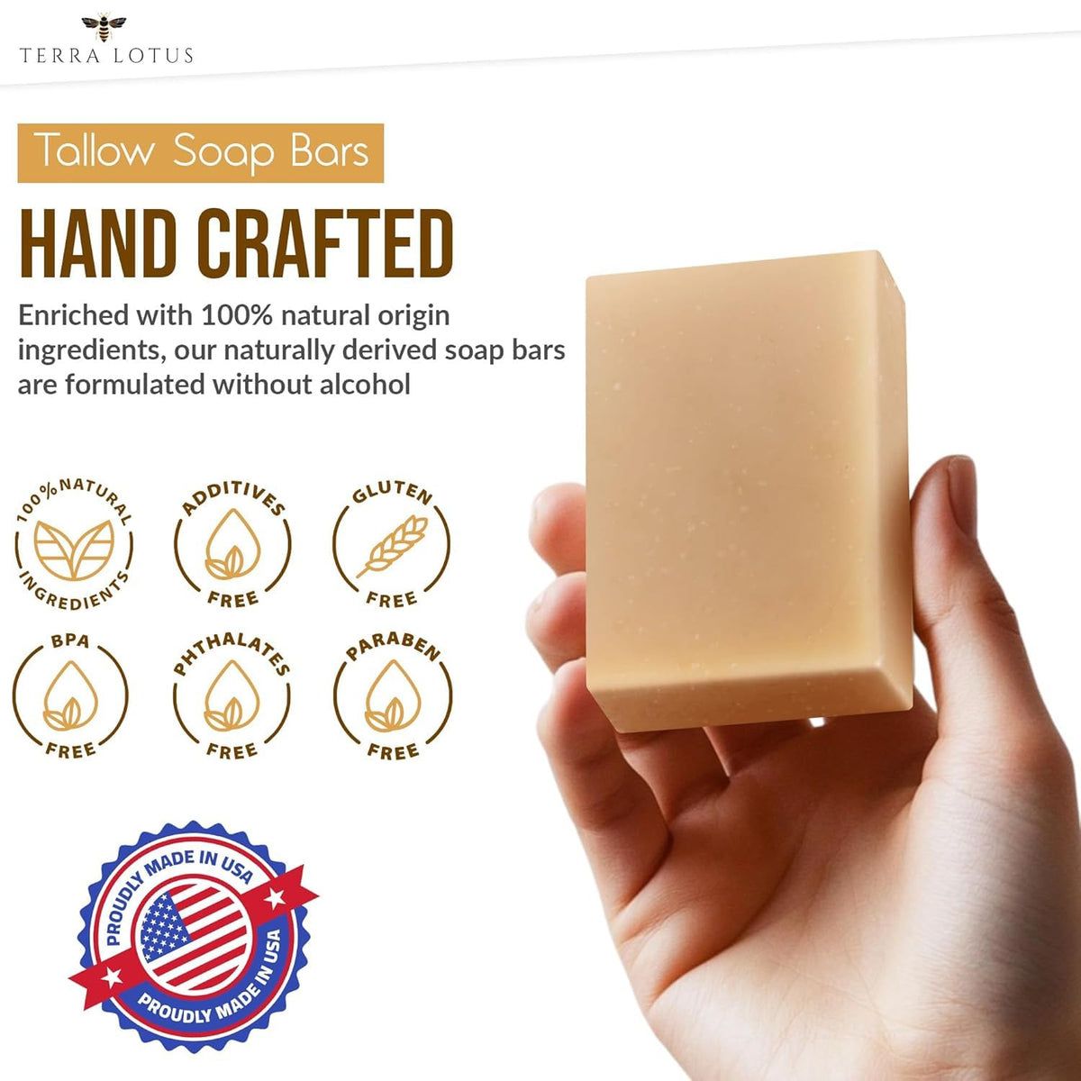 Terra Lotus - Organic Tallow Soap with Organic Castor Oil & Raw Honey - Hydrating & Nourishing - 3 Pack (Unscented)