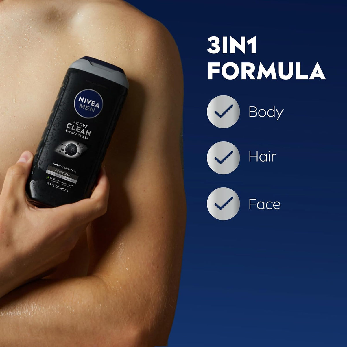 NIVEA MEN Active Clean 3-in-1 Body Wash, Mulitpack, 3 x 16.9 FL OZ