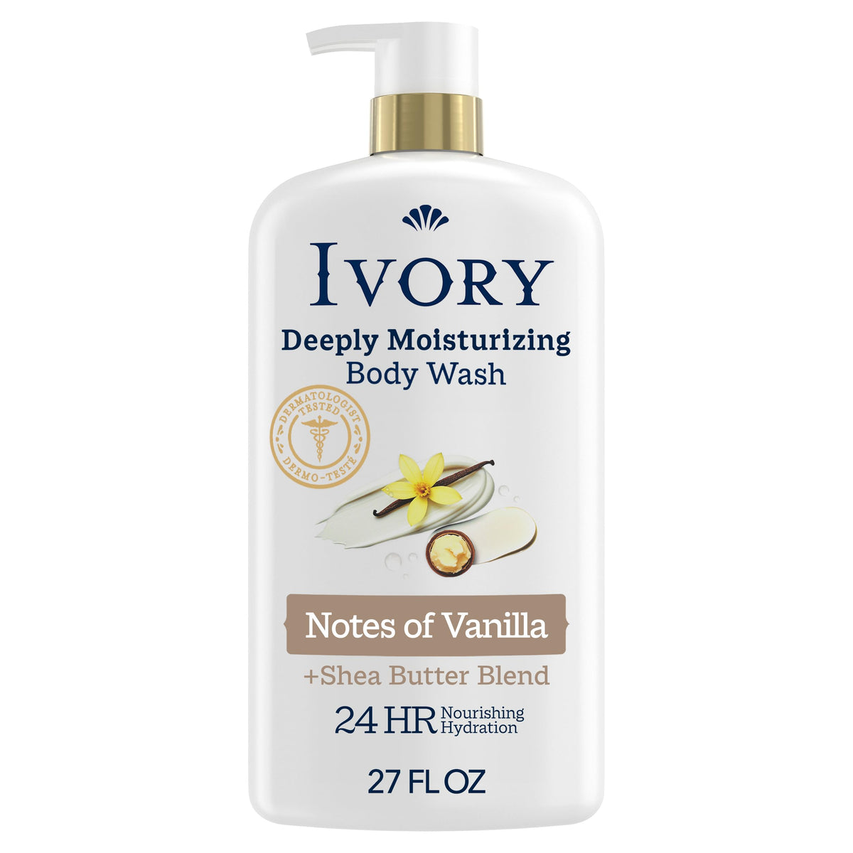 Ivory Deeply Moisturizing Body Wash, 24hr Nourishing Hydration, Soothes Itchy Dry Skin, Made with Shea Butter Blend, Free of Dyes Heavy Perfumes Parabens & Phthalates, Oatmilk Scent, 27 oz