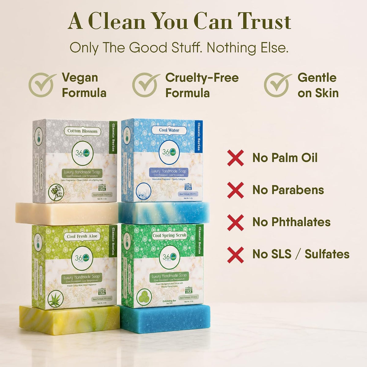 360Feel Fresh Bar Soap Set - Made in the USA - Castile Handmade Natural Cold Processed - Gentle on Sensitive Skin - 4 Refreshing Scents Aloe Vera, Cotton Blossom, Spring Scrub, Cool Water-5oz, 4-Pack