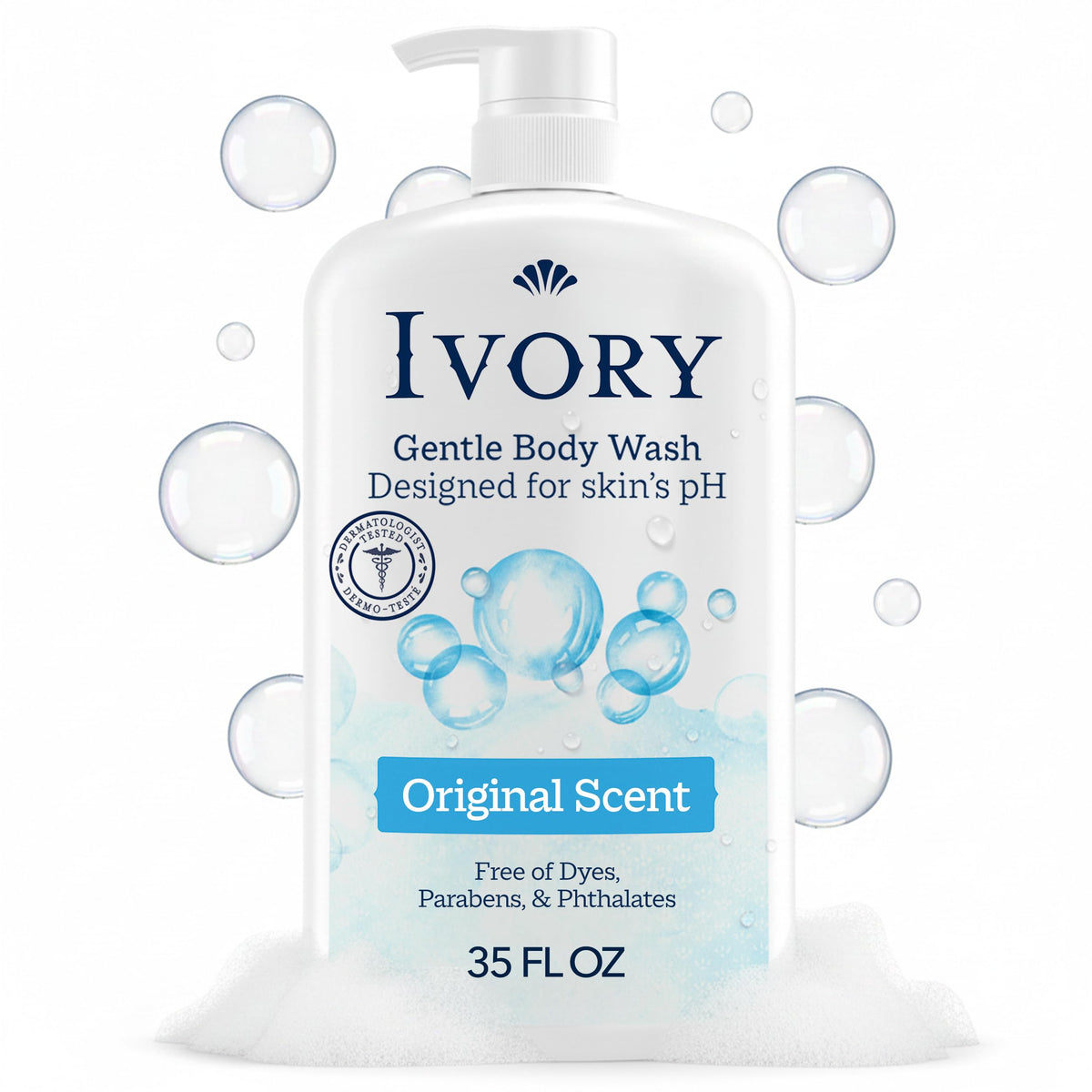 Ivory Body Wash, Designed for the Whole Family, Gentle Formula, Free of Dyes Heavy Perfumes Parabens Phthalates & Silicones, Designed for Skin's pH, Water Lily Scent, 35 oz