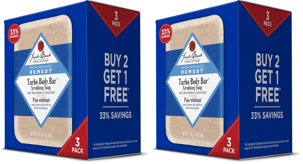 Jack Black Turbo Body Bar Scrubbing Soap - Exfoliating Bar Soap for Men, Mens Body Scrub with Lava Rock, Pack of 3