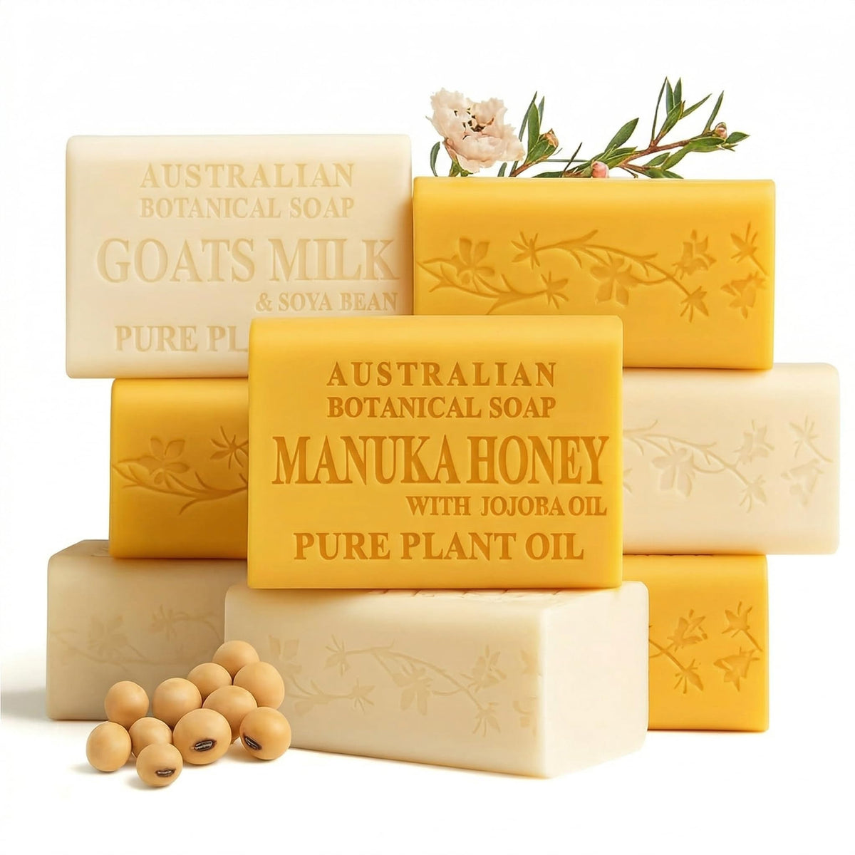 Australian Botanical Soap Variety Pack, 6.6 oz Bars – Goat Milk, Eucalyptus, Manuka Honey, Sea Salt, Pink Lychee, Lemongrass, Raspberry, Valencia Orange – Enriched with Organic Shea Butter, Pack of 8