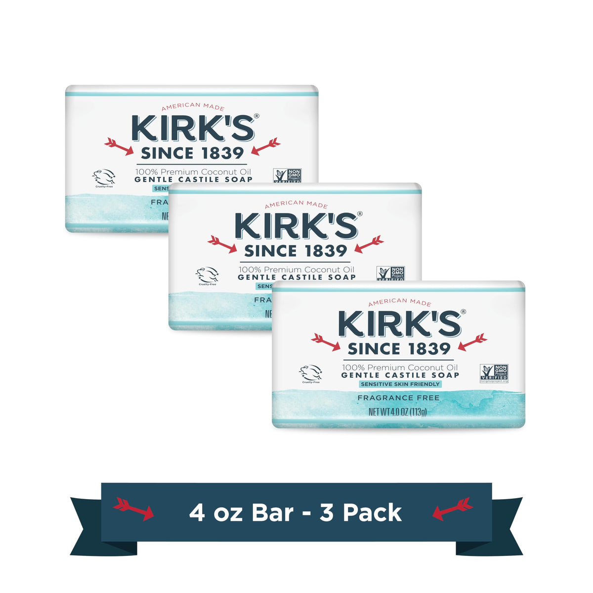 Kirk's Castile Bar Soap for Men, Women, & Children - Made with Premium Coconut Oil, Sensitive Skin Formula, Vegan, Non GMO, Original Fresh Scent, 4 oz. Bars, 24 Pack